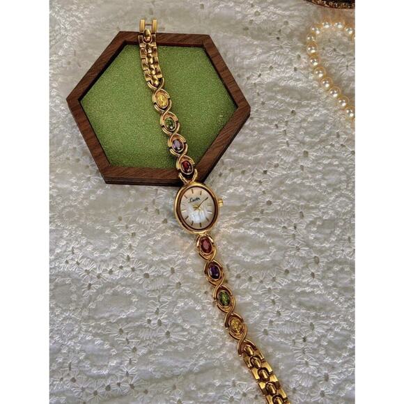 Women’s Gold And Rainbow Crystal Vintage Style Oval Watch Gift